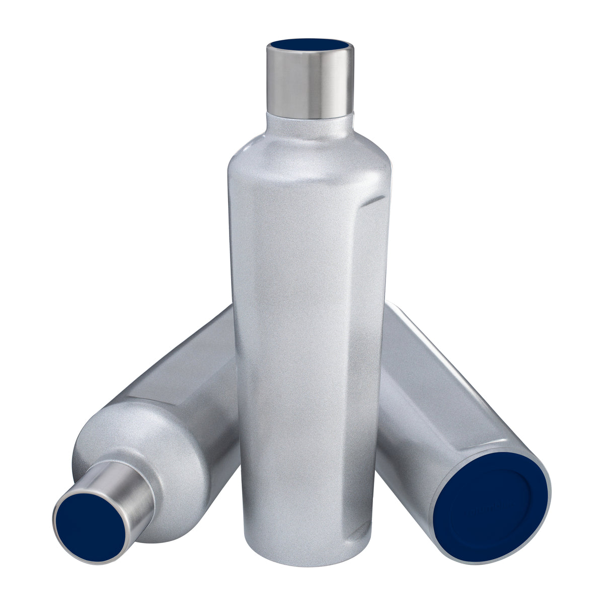 Flasche: silber, Deckel: dunkelblau, Boden: dunkelblau