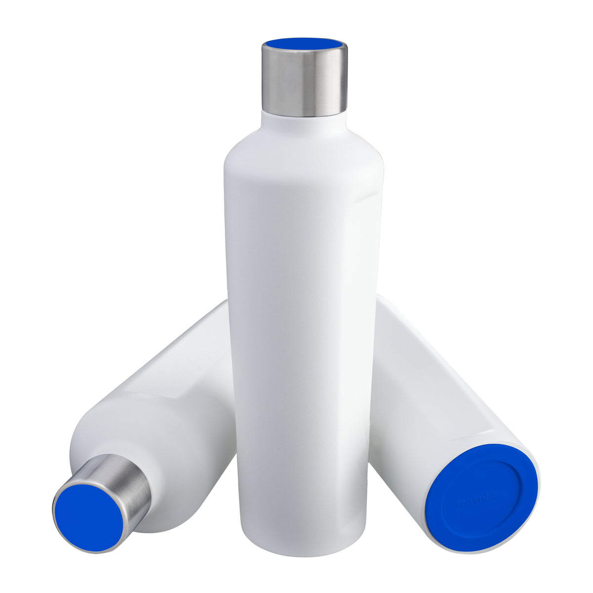 Flasche: weiß, Deckel: blau, Boden: blau