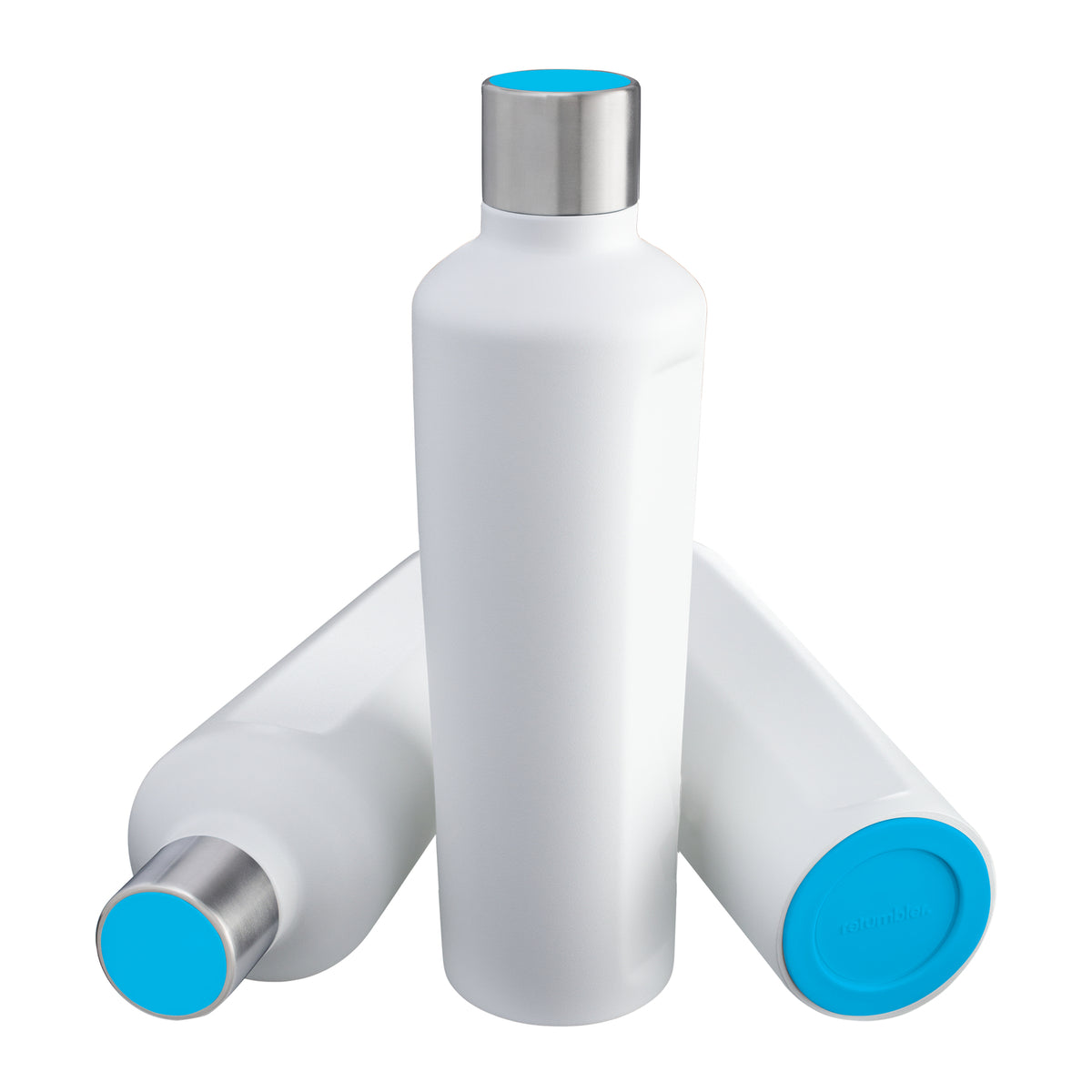 Flasche: weiß, Deckel: cyan, Boden: cyan