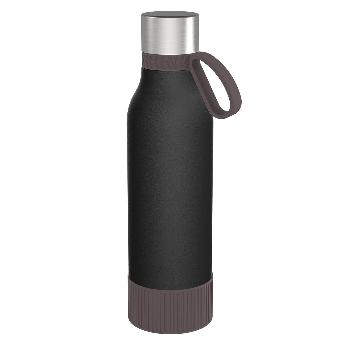 Flasche: schwarz, Ring: braun, Hülle: braun