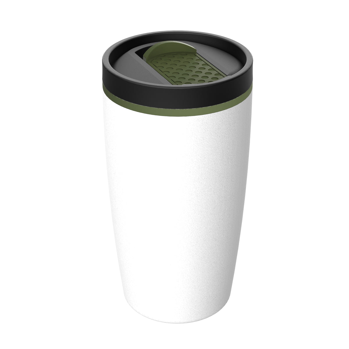 Becher: weiß, Hülle: olivgrün, Ring: olivgrün