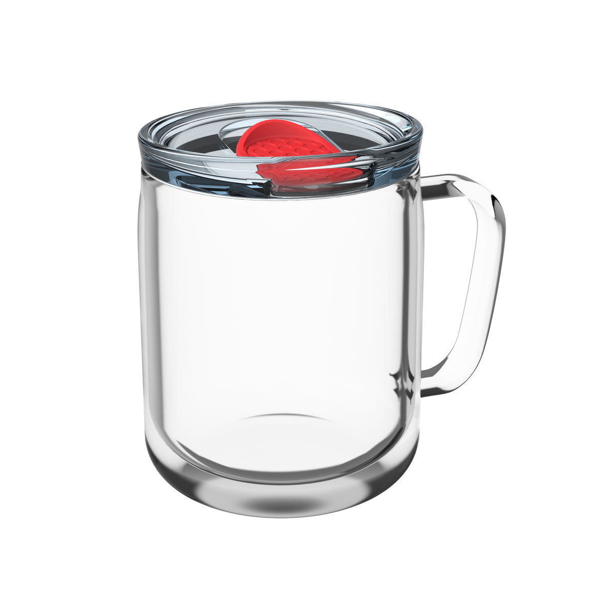 Becher: transparent, Deckel: rot