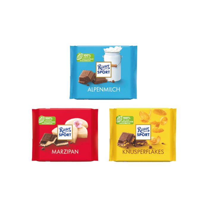 Ritter Sport Schokotafel in 3 Sorten erhältlich: Alpenmilch, Knusperflakes, Marzipan.