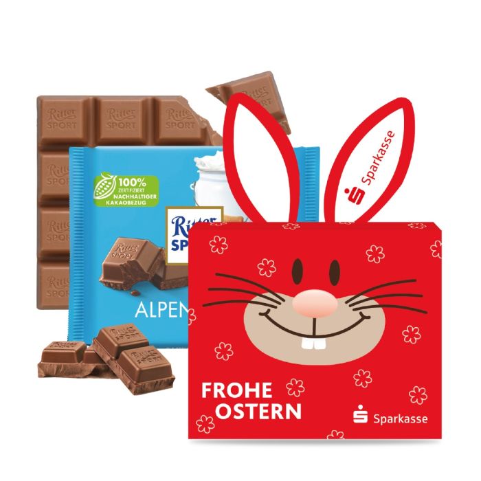 Ritter Sport Schokotafel individuell gestalten in Werbekartonage mit Aufklappbarem Hasenohren für dein Unternehmen.