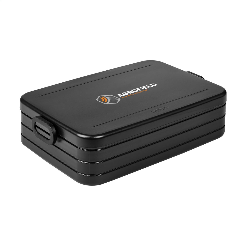 Lunchbox in der Farbe Schwarz inkl. Logo auf dem Deckel der Box