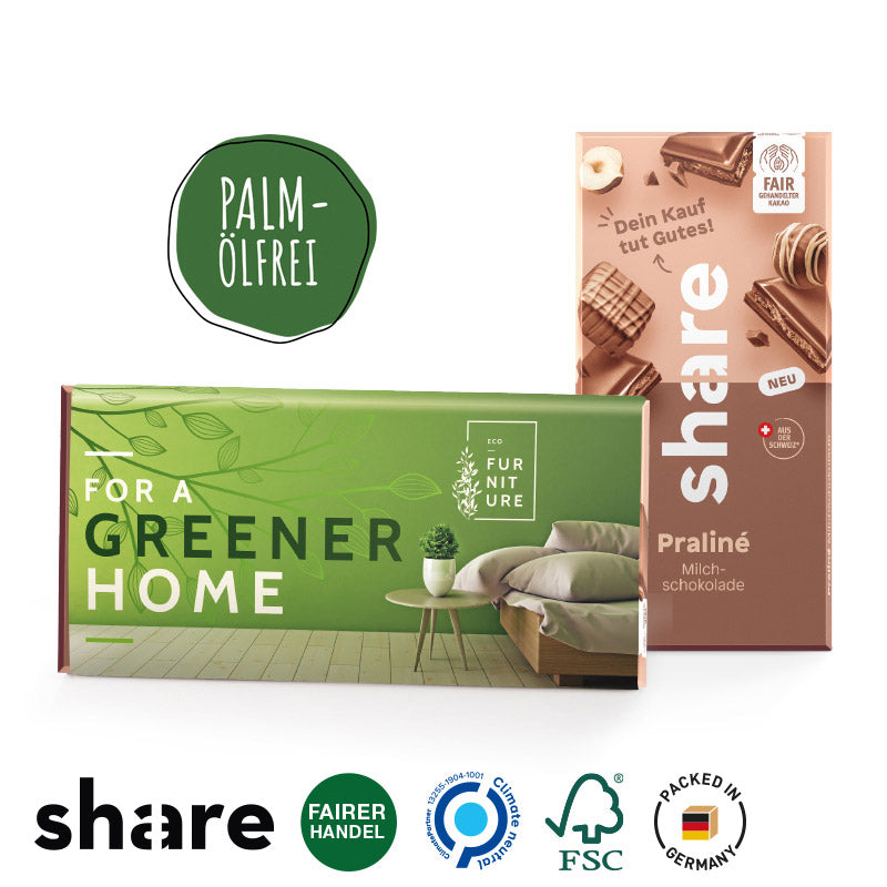 share Schokolade: palmölfrei, FSC-zertifiziert, fairer Handel