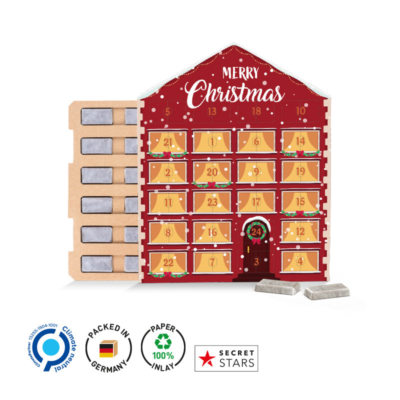 Täfelchen Adventskalender Haus aus Papier mit Schokolade in Pergamin Papier