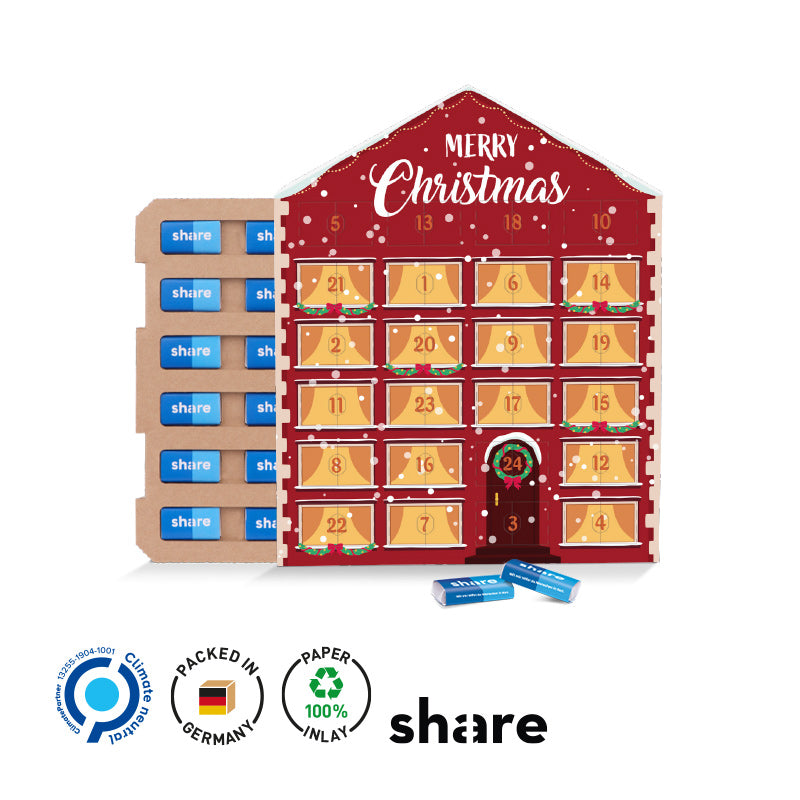 Täfelchen Adventskalender Haus aus Papier mit share Schokolade