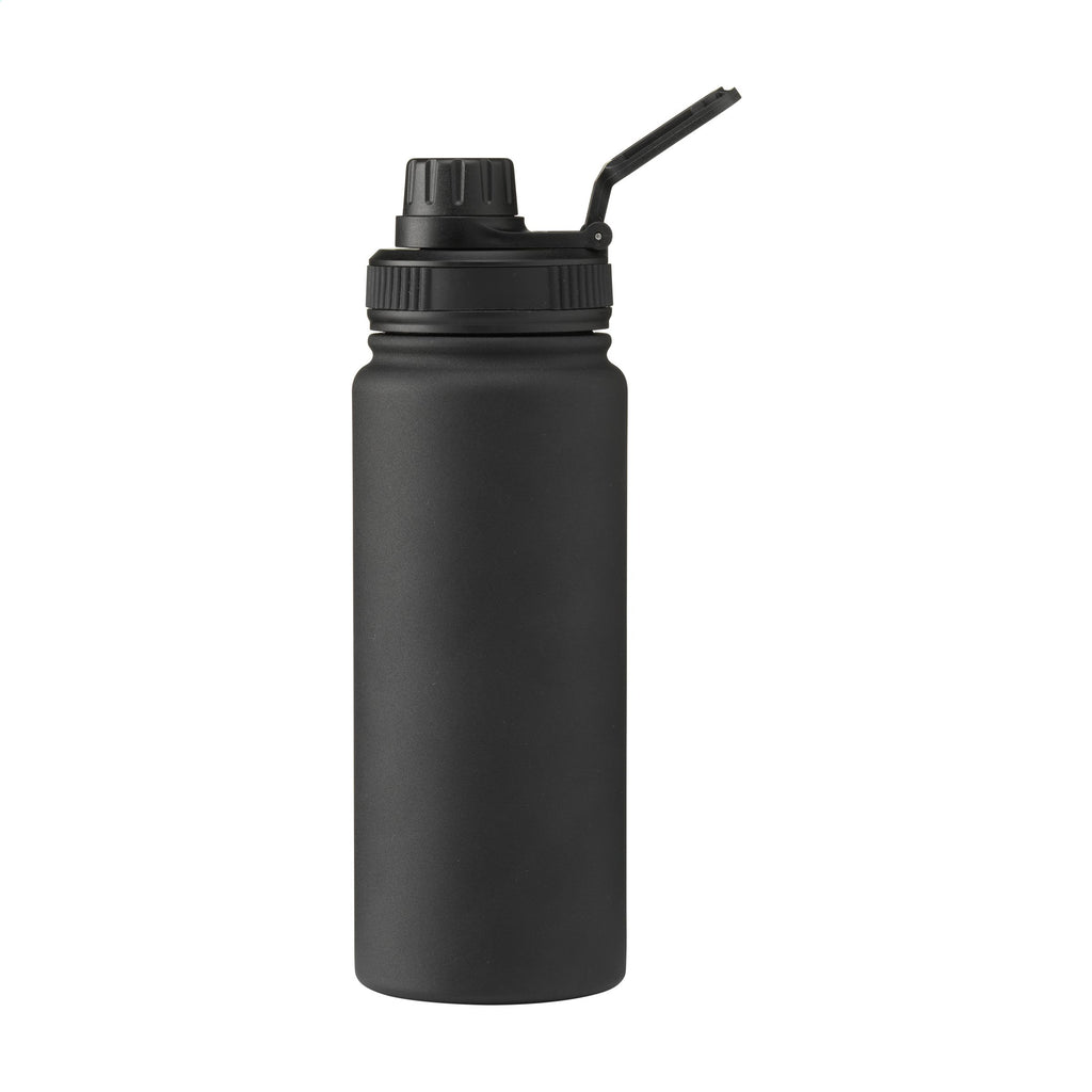 Schwarze Tappo Thermostrinkflasche aus recyceltem Edelstahl jetzt mit deinem Logo bedrucken. Hier auf dem Foto mit einer edlen Lasergravur auf der Front und einem praktischem Schraubverschluss. Seiten Ansicht