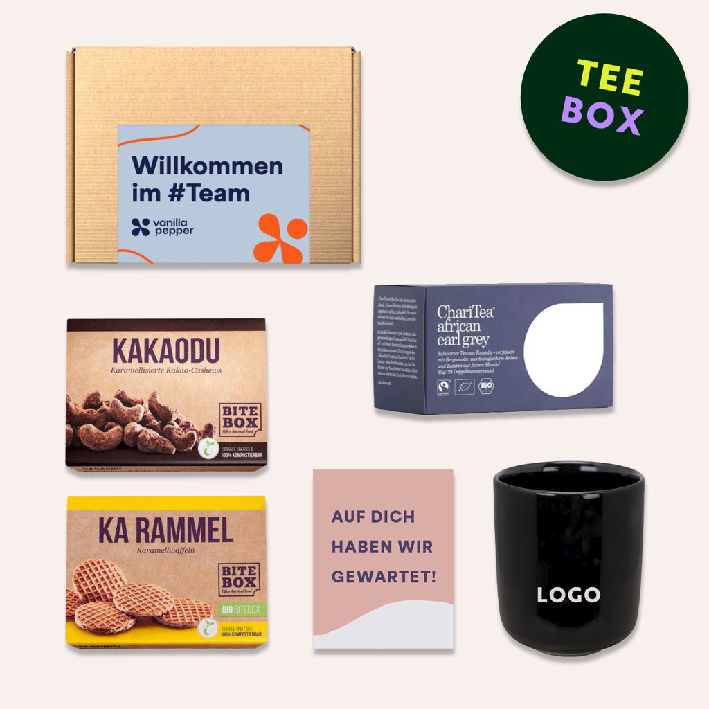 Geschenkbox mit Tee, Tasse ohne Henkel und Snacks indviduell gestalten.