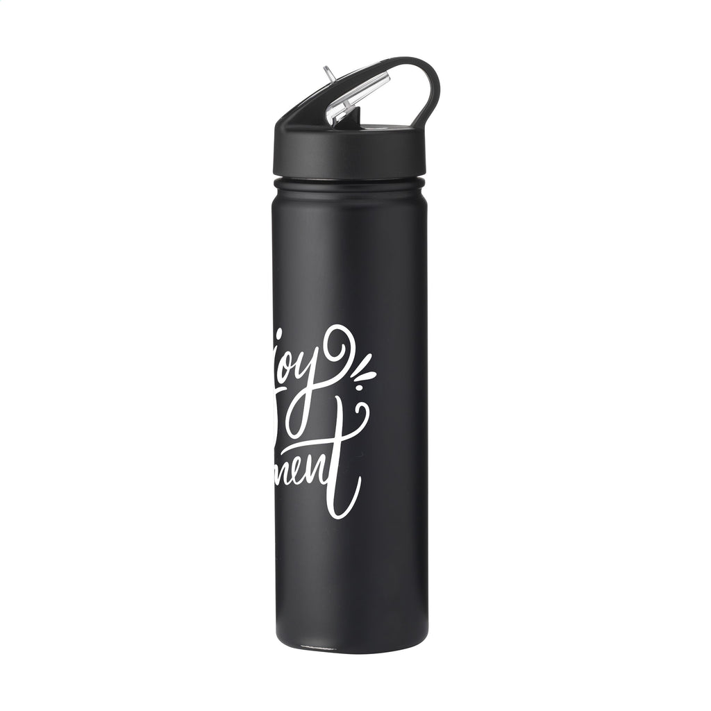 Thermosflasche aus recyceltem Edelstahl und einem buntem Logo-Design auf der Front. Schwarze Flasche Seitenansicht