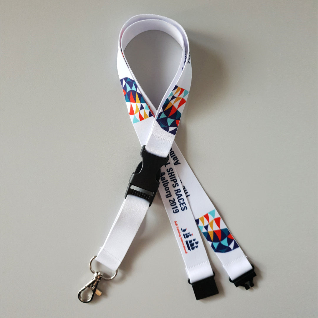 Lanyard mit vollflächigem Druckmotiv, Steckschließe, Sicherheitsverschluss und Karabiner