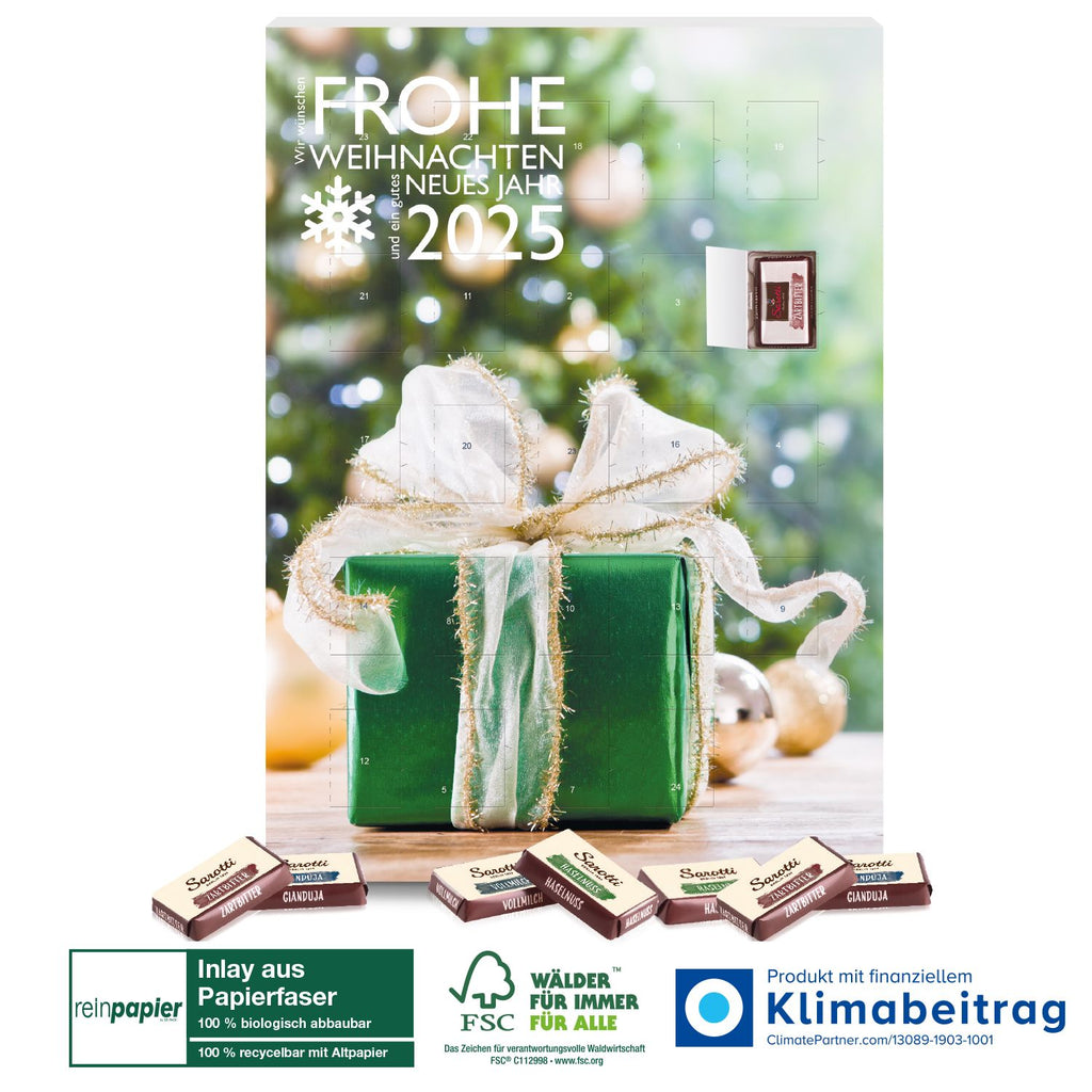 Umweltfreundlicher Adventskalender mit Fairtrade Kakao mit deinem Logo bedrucken.