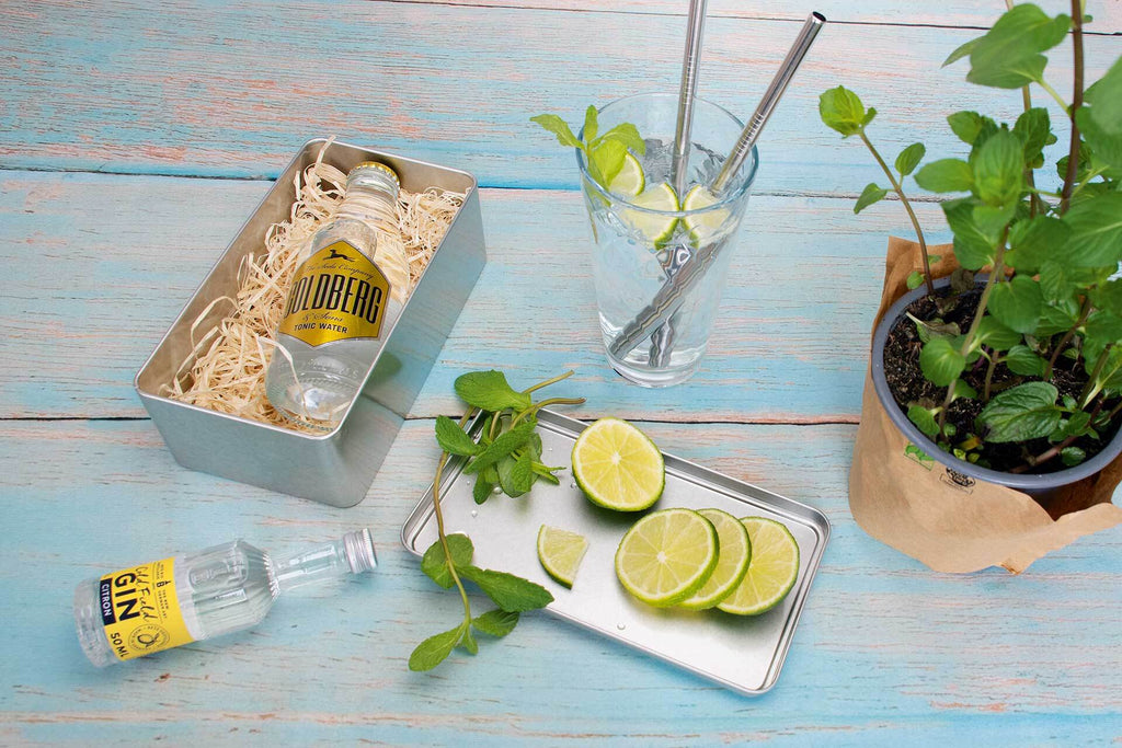Weißblech Geschenkset mit Gin und Tonic Water bedrucken als Werbegeschenk