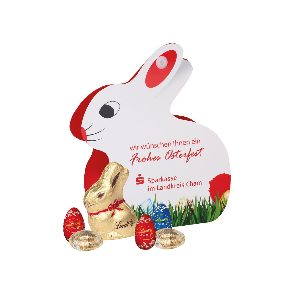 Hasen Kartonage mit Lindt Schokoladenmischung individuell bedrucken