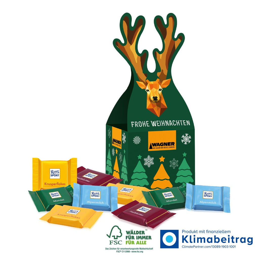 Kreatives und umweltfreundliches Weihnachtsgeschenk im Rentier-Design aus FSC®-zertifiziertem Karton, individuell bedruckbar und ideal als Mitarbeitergeschenk in der festlichen Saison