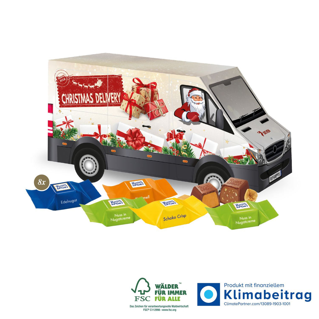 3D Adventskalender in Form eines Transporters, gefüllt mit 8 Ritter SPORT Schokowürfeln – das perfekte Werbegeschenk zu Weihnachten für MitarbeiterInnen und KundInnen.