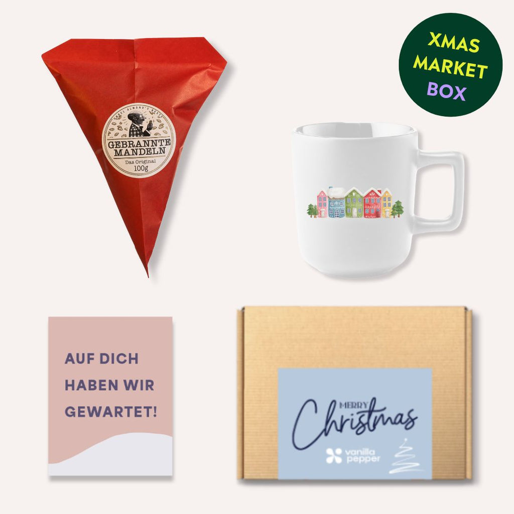 Geschenkset für Weihnachten individuell gestalten mit gebrannten Mandeln und einer Tasse für dein Unternehmen.