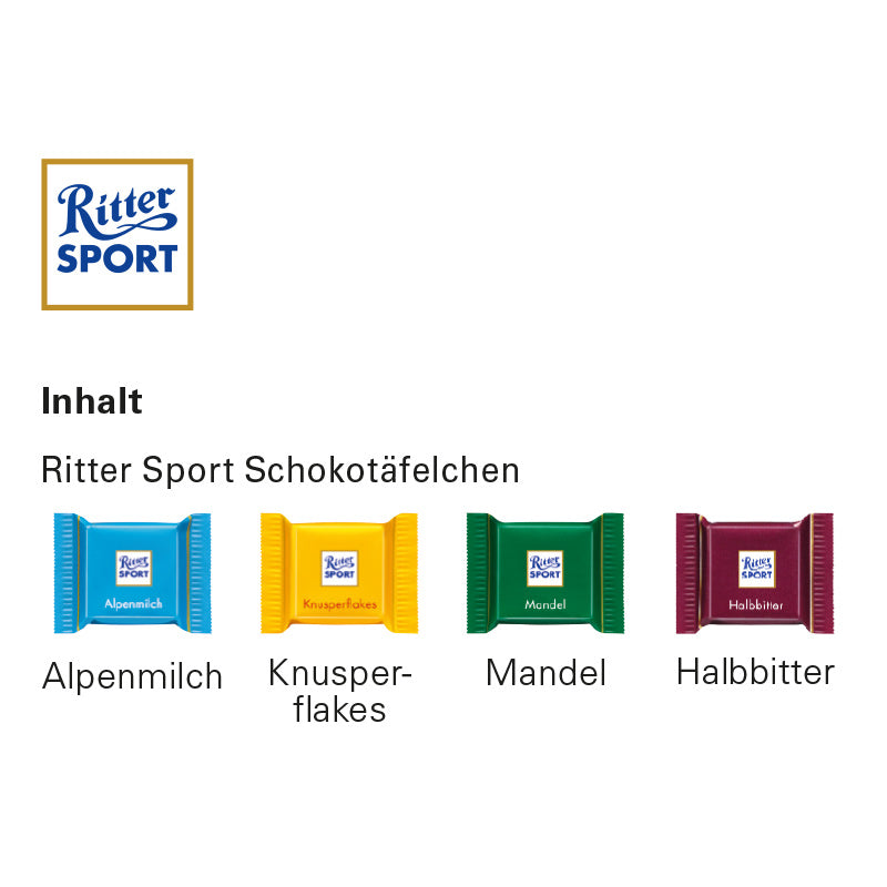 Ritter SPORT Varianten: Alpenmilch, Knusperflakes, Mandel, Halbbitter