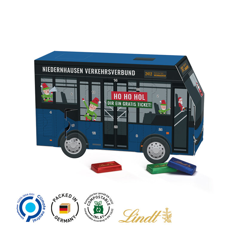 Adventskalender Bus mit Lindt Täfelchen gemischt.