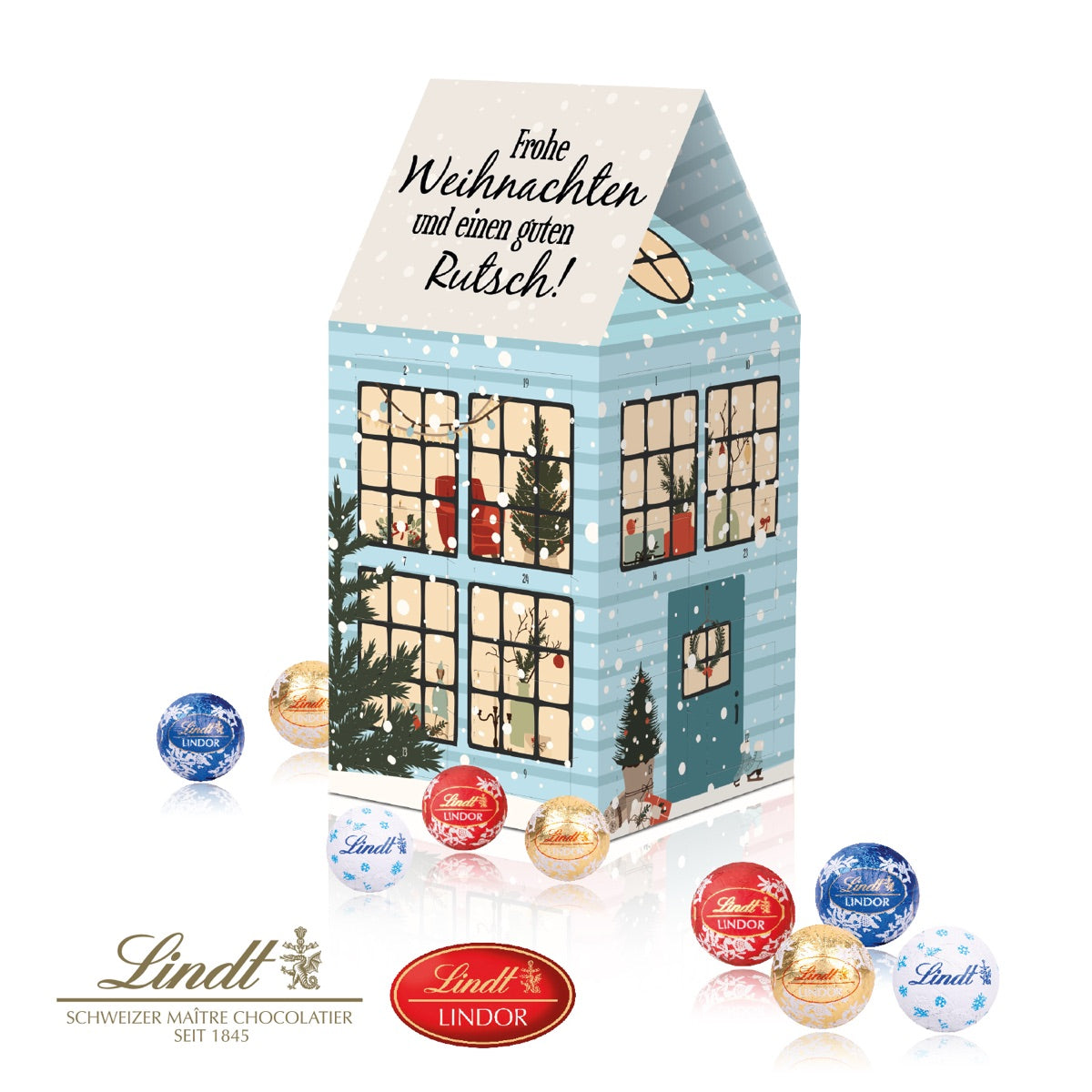 Hoher Adventskalender in Hausform mit sechs bedruckten Werbeflächen