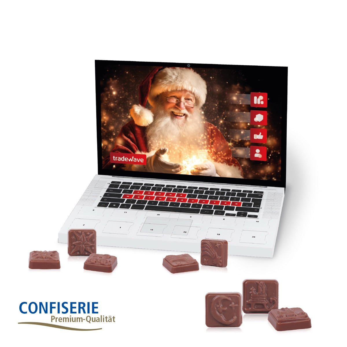 Aufklappbarer Adventskalender in Laptopform mit Werbedruck