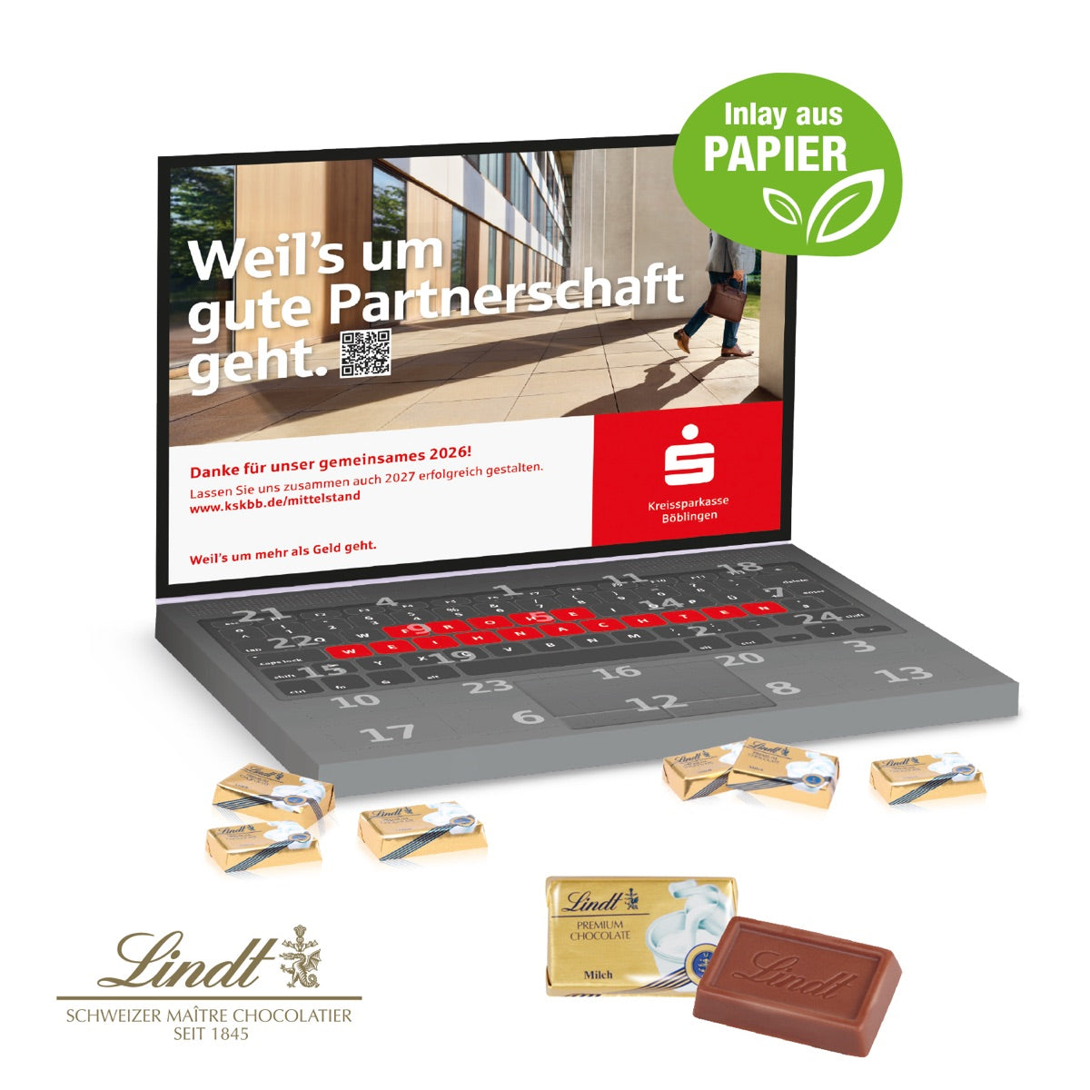 Flacher Adventskalender im Laptop Format mit vollflächigem Werbedruck