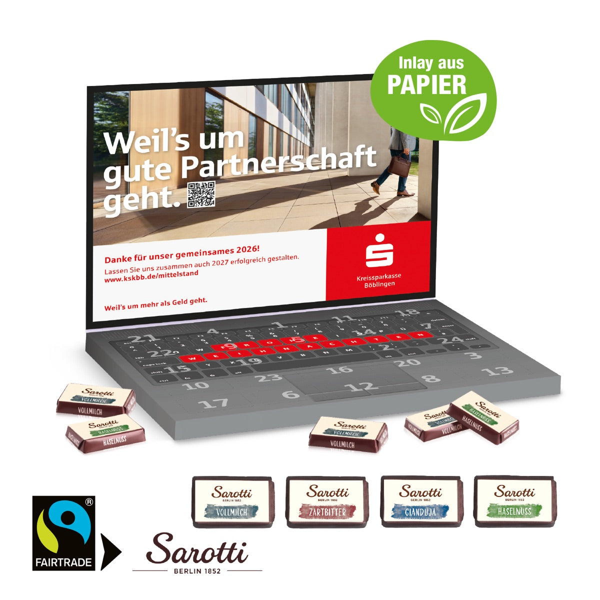 Adventskalender im Laptop Format mit rundum bedruckter Kartonhülle