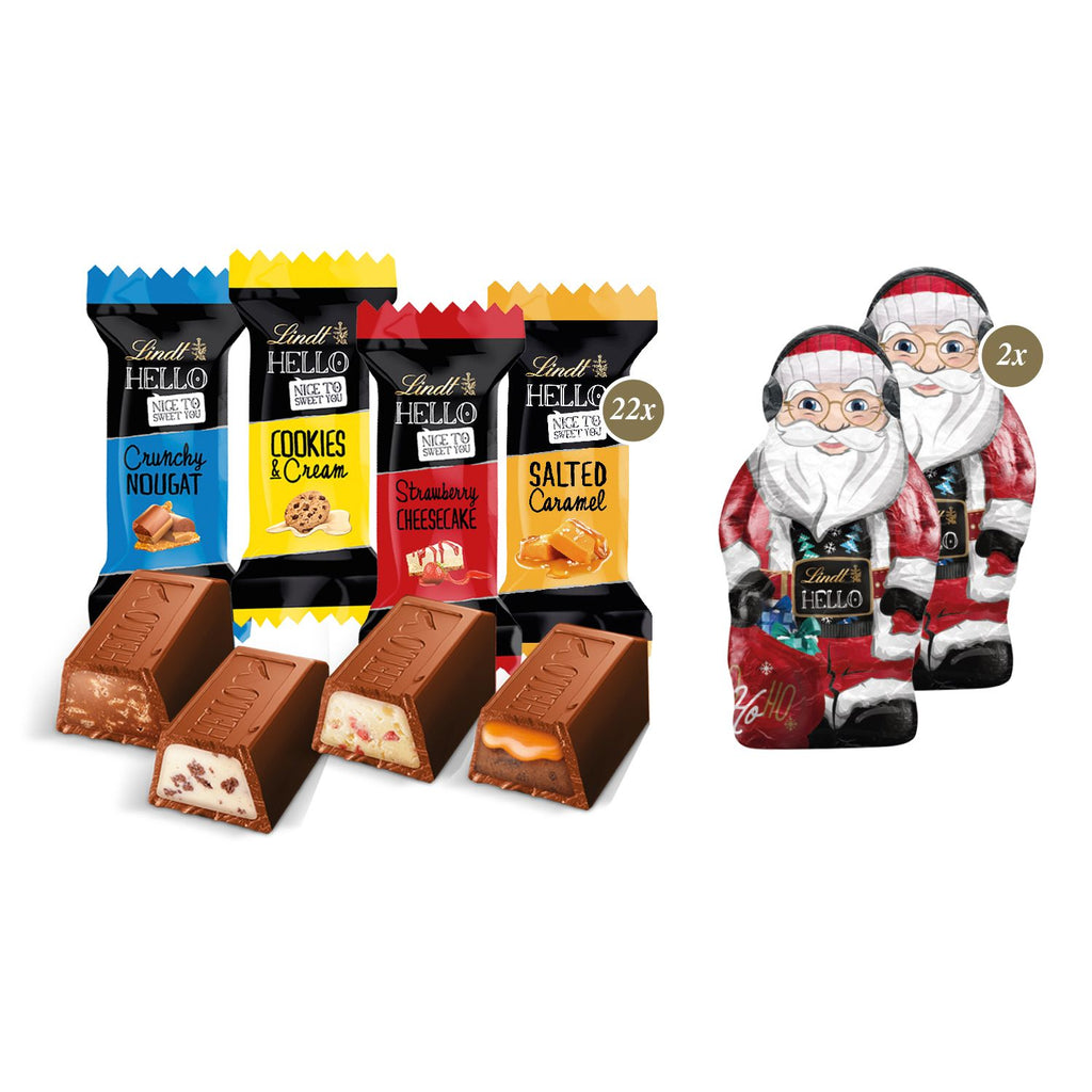 Inhalt des Adventskalenders Lindt „HELLO“ Mini Stick Mix mit Santa, gefüllt mit Schokosticks in Geschmacksrichtungen wie Strawberry Cheesecake und Salted Caramel.