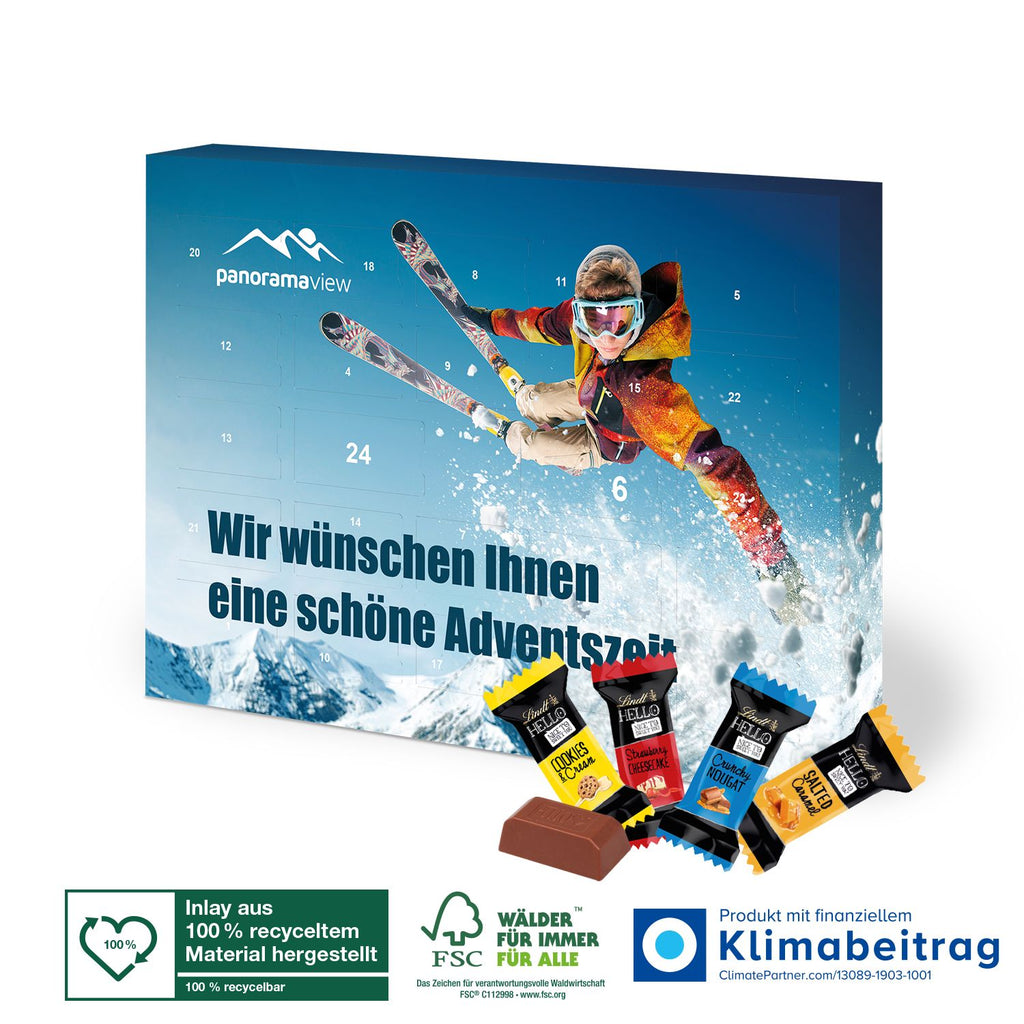 Lindt „HELLO“ Adventskalender mit Mini Sticks und 100 % recyceltem Inlay, ideal als umweltfreundliches Firmengeschenk.