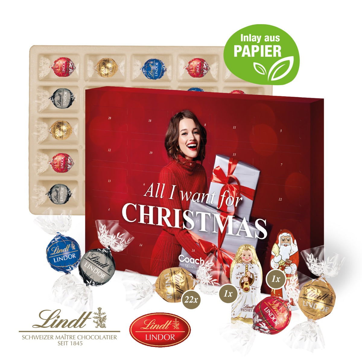Großer Adventskalender mit vollflächigem Werbedruck und Aufhängeloch