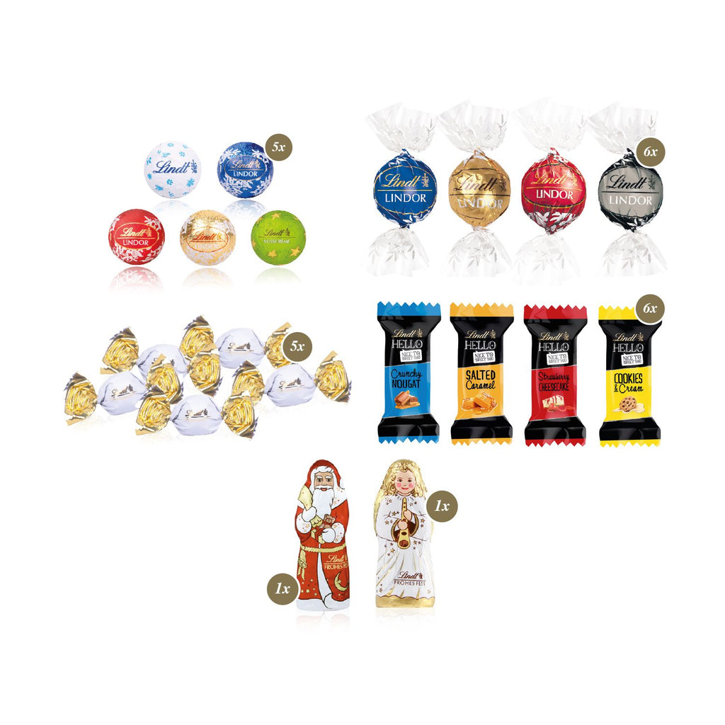 Premium Adventskalender von Lindt, gefüllt mit Lindt Schokoladenmischung und nachhaltiger Verpackung aus recyceltem Material, FSC®-zertifiziert und individuell gestaltbar.