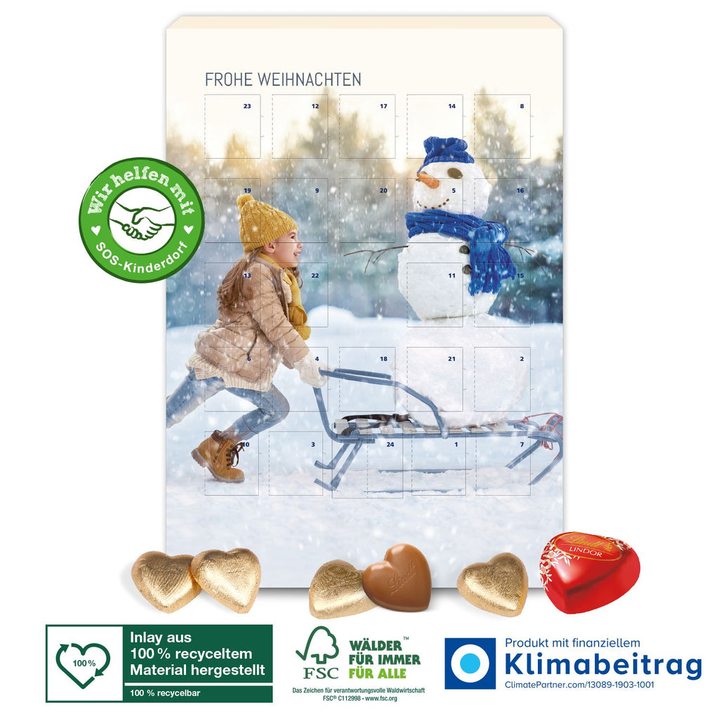 Lindt Adventskalender Schokoladen-Herzen mit 130 g zarter Vollmilch-Schokolade, inkl. Pralinenherz im 24. Türchen, nachhaltiges Inlay aus 100 % recyceltem Material.