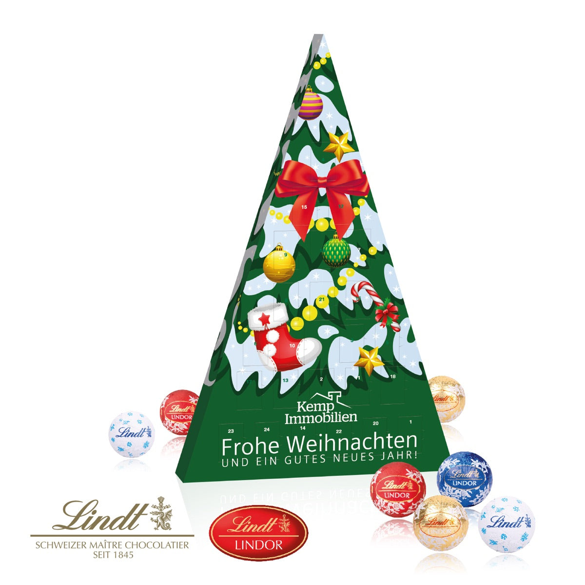 Adventskalender in Form eines Weihnachtsbaums mit Werbemotiv bedruckt