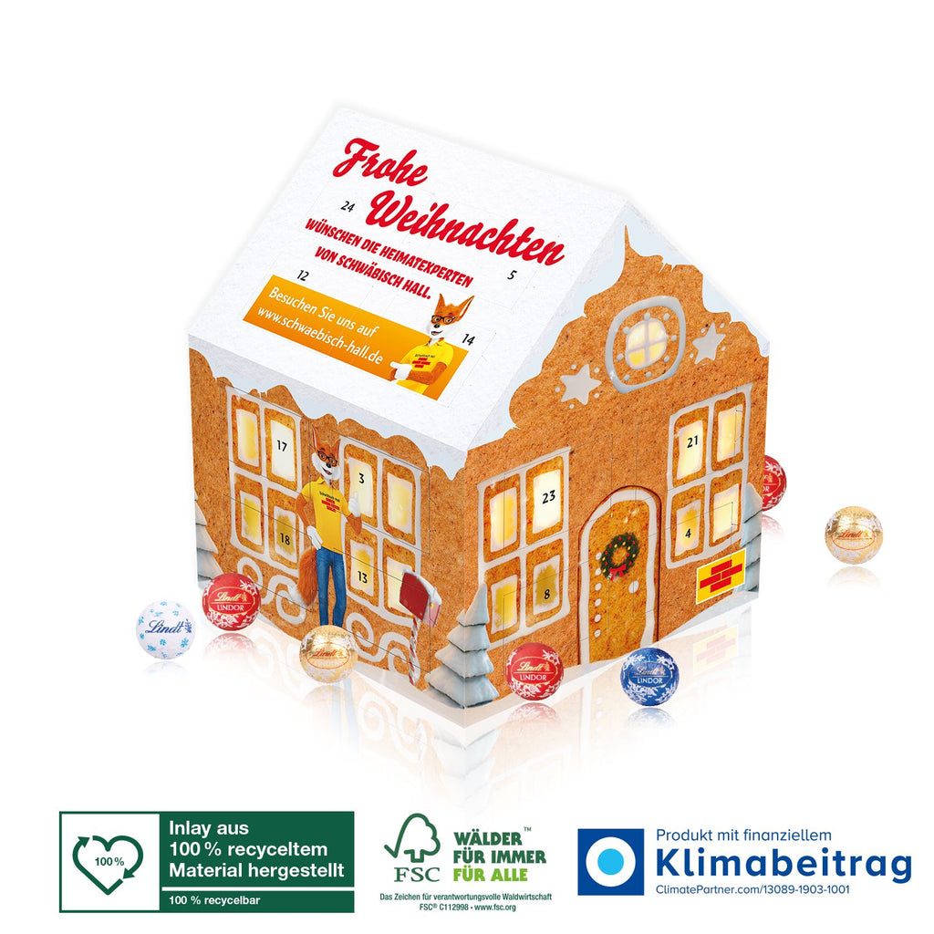 Charmanter Adventskalender Lindt Weihnachtshaus, gefüllt mit 24 köstlichen Lindt Minis (ca. 110 g), umweltfreundlich mit 100 % recycelbarem Material.