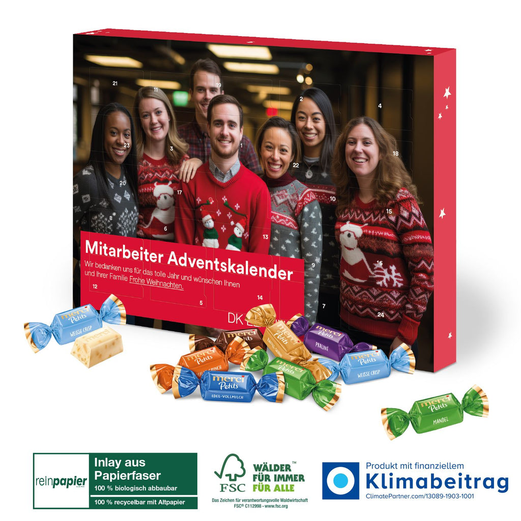 Recycelbare Aromaschutzverpackung des Adventskalenders mit Merci Petits, frischhaltend und materialreduziert.