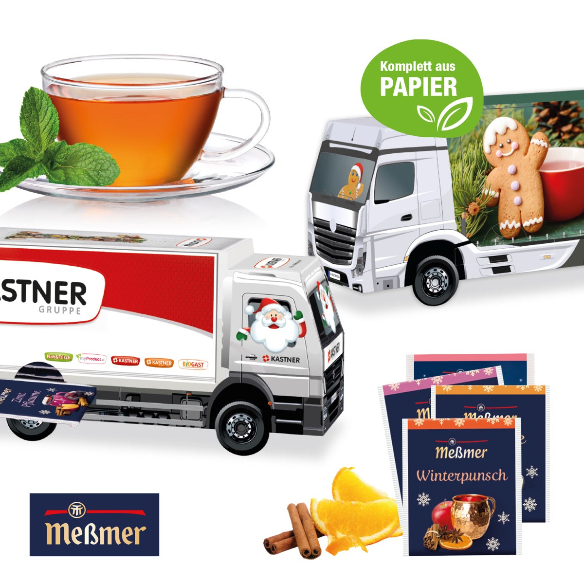 Adventskalender in Form eines LKW mit bedruckter Seitenplane