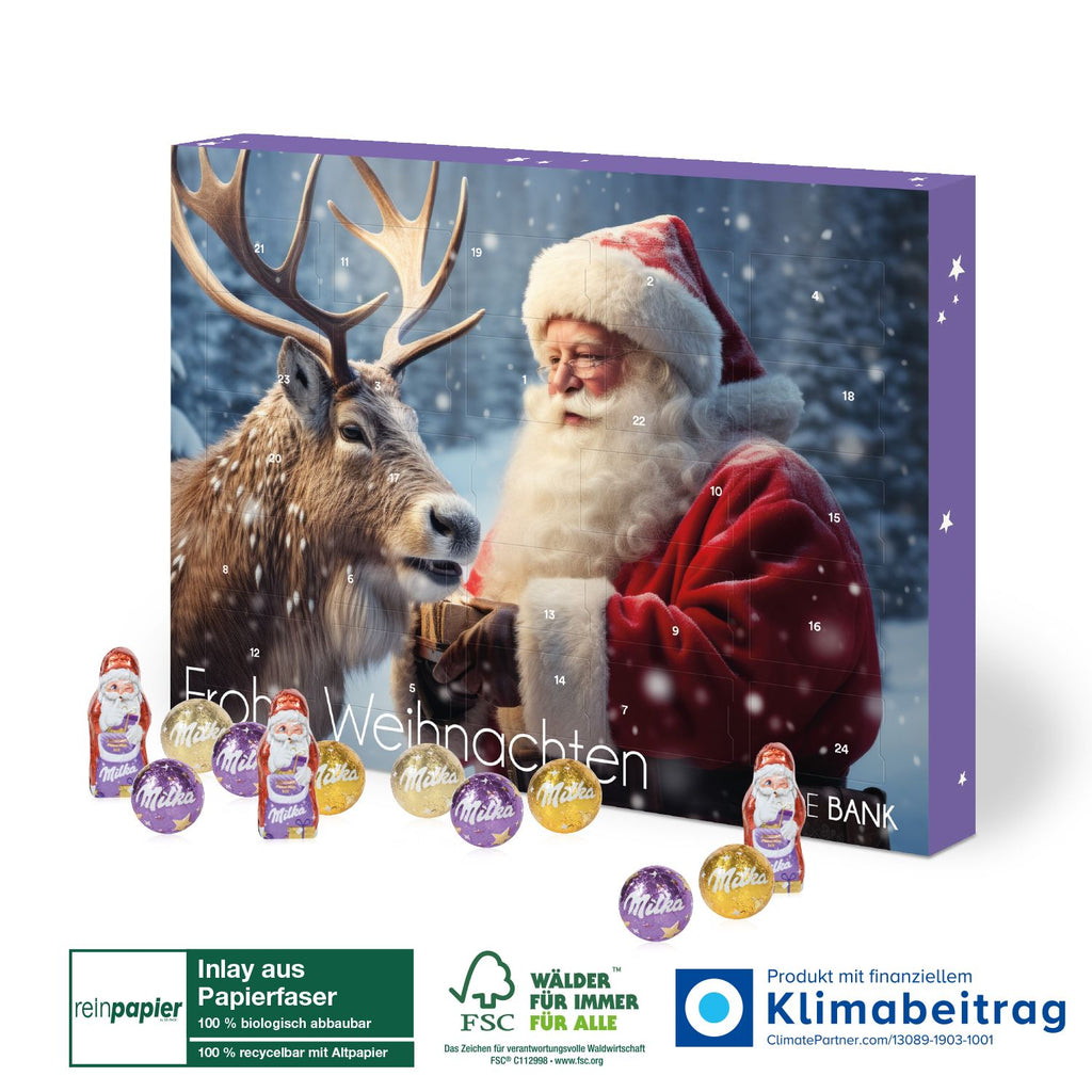 Adventskalender Milka Edition mit Papierfaser-Inlay, gefüllt mit 22 Milka Kugeln und zwei Mini-Weihnachtsmännern, FSC®-zertifiziert, umweltfreundlich und personalisierbar.