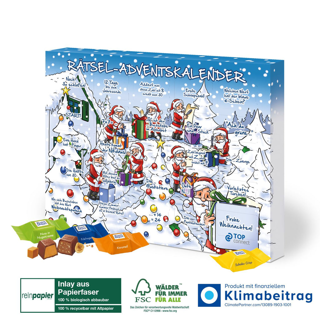 Nachhaltiger Adventskalender mit Inlay aus 100 % biobasiertem Material, hergestellt aus FSC-zertifiziertem Karton.