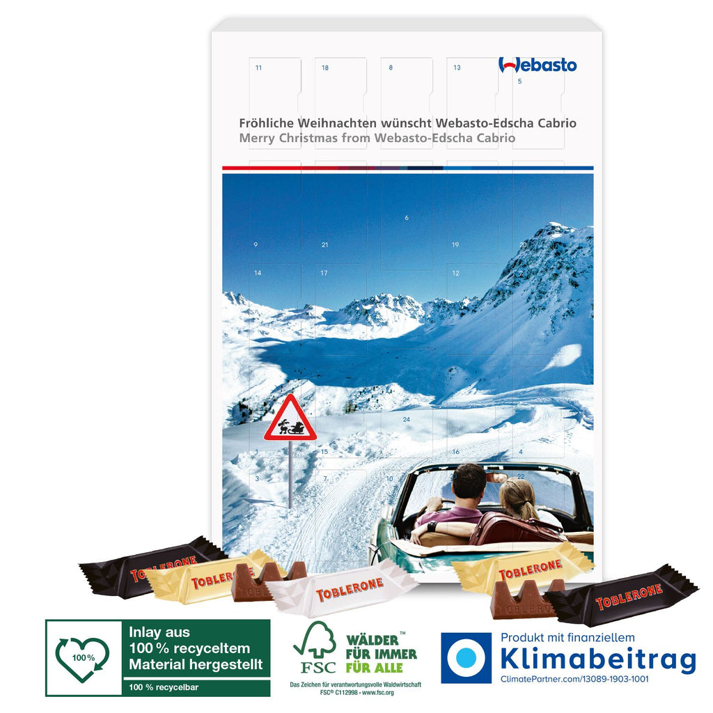 Inhalt des TOBLERONE Adventskalenders mit 24 Stück (ca. 192 g) in verschiedenen Geschmacksrichtungen: Milchschokolade, dunkle Schokolade und weiße Schokolade mit Honig- und Mandel-Torrone.