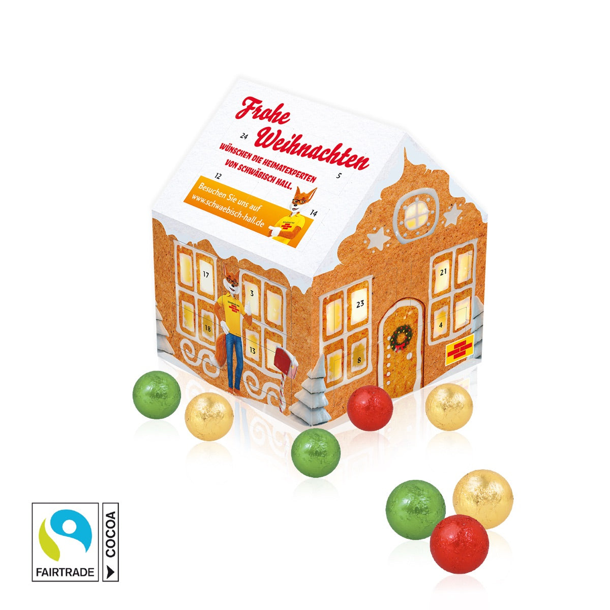 Adventskalender in Hausform mit sechs bedruckten Werbeflächen