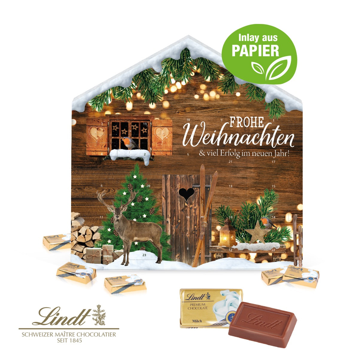 Flacher Adventskalender in Hausform mit vollflächigem Werbedruck