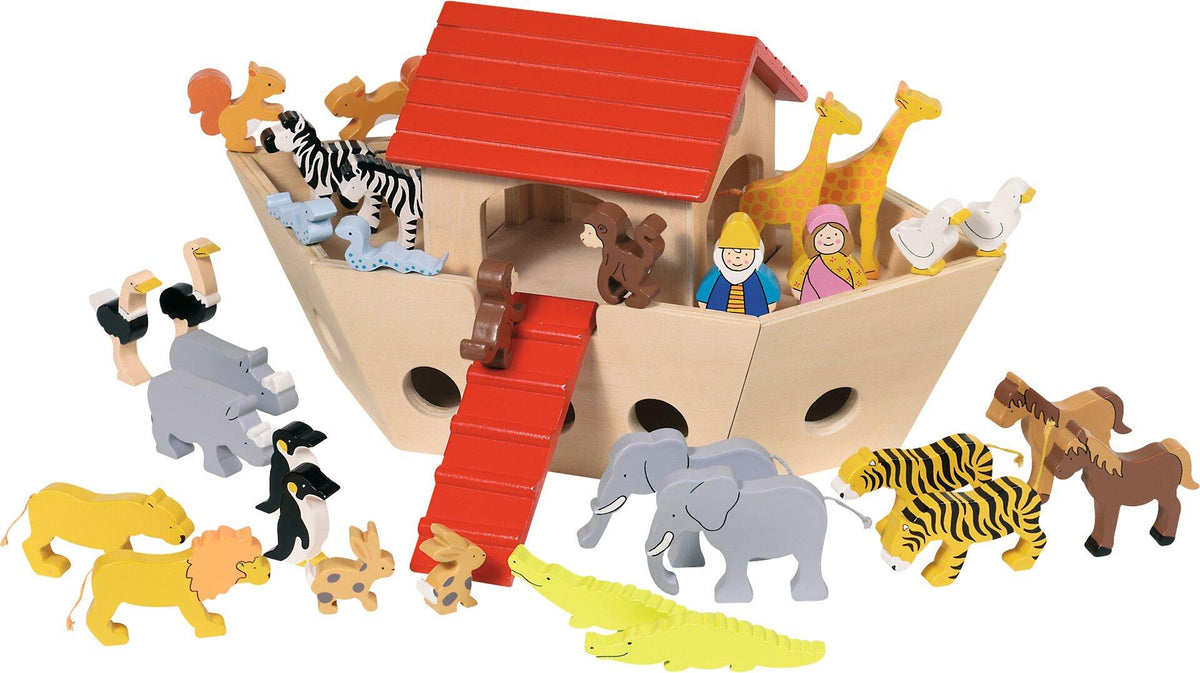 Arche Noah Set aus Holz mit 30 Tieren, Noah und Frau – Gesamtansicht