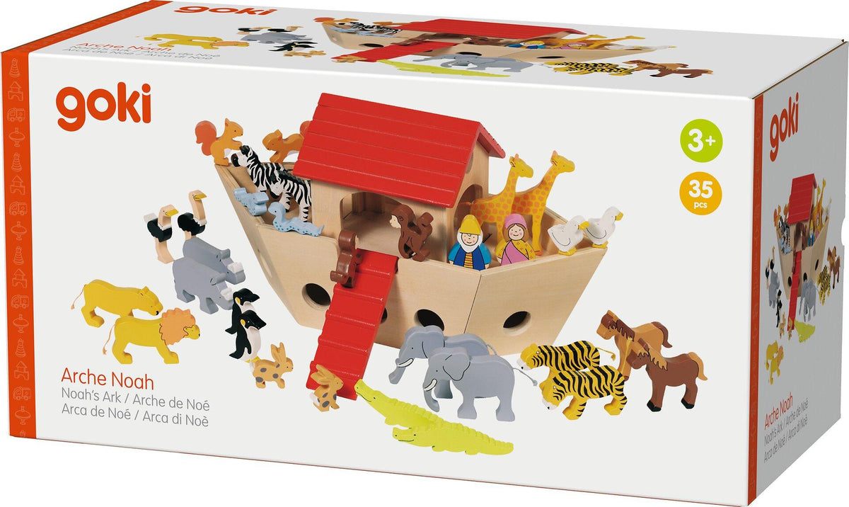 Arche Noah Set aus Holz mit 30 Tieren, Noah und Frau – Nahaufnahme
