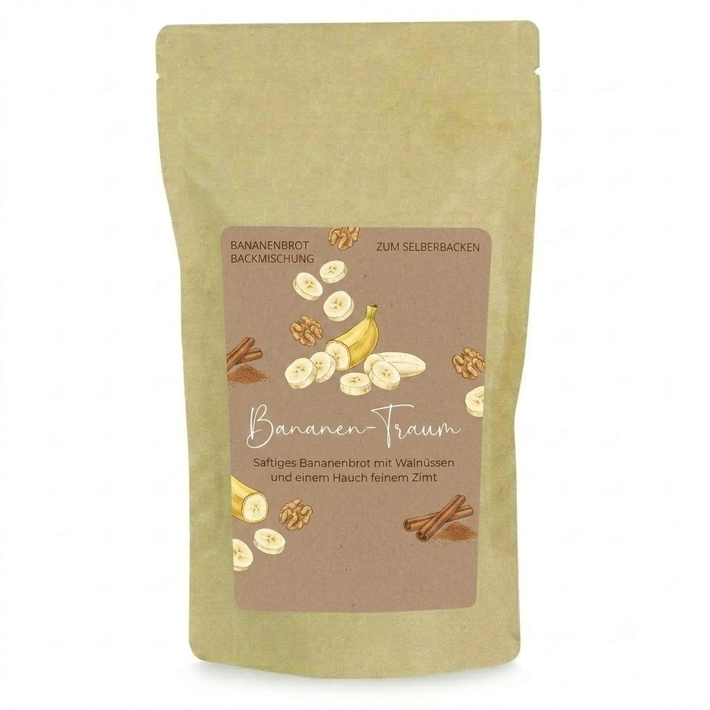 Bananenbrot Backmischung im Papierbeutel 300 g mit Logo – Beispielmotiv