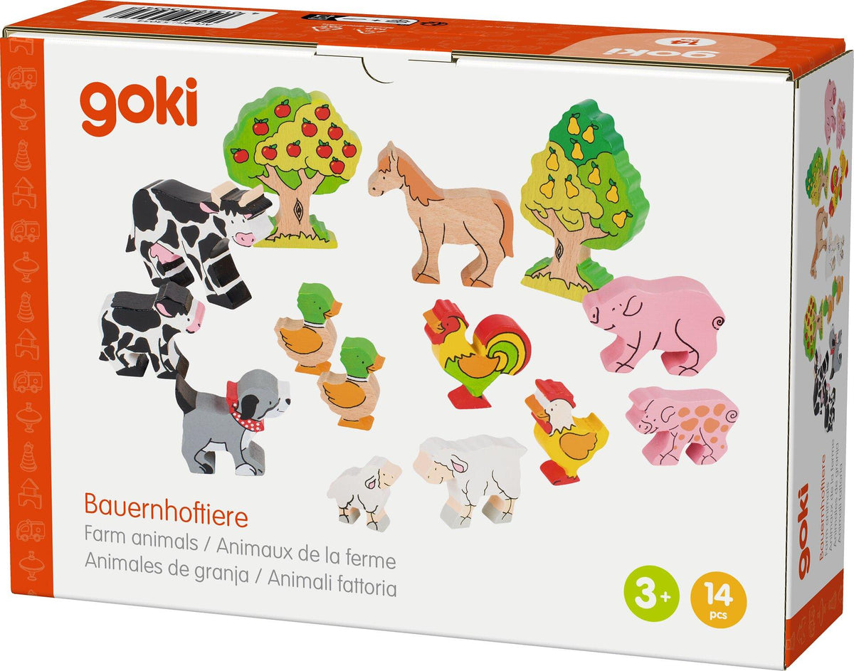Bauernhoftiere Set mit 14 Teilen aus Massivholz von goki – weitere Ansicht