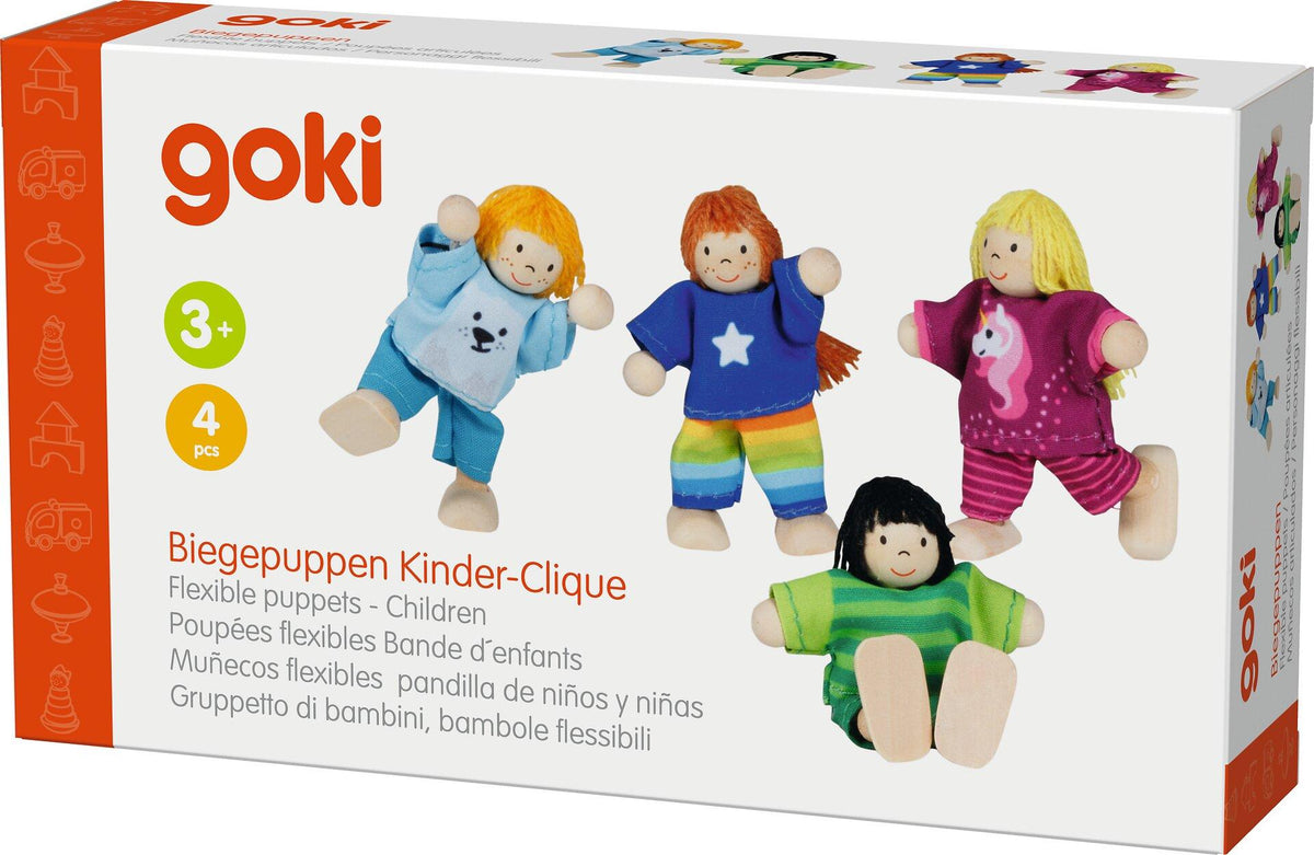 Biegepuppen Clique aus vier Kindern von goki – Detailansicht