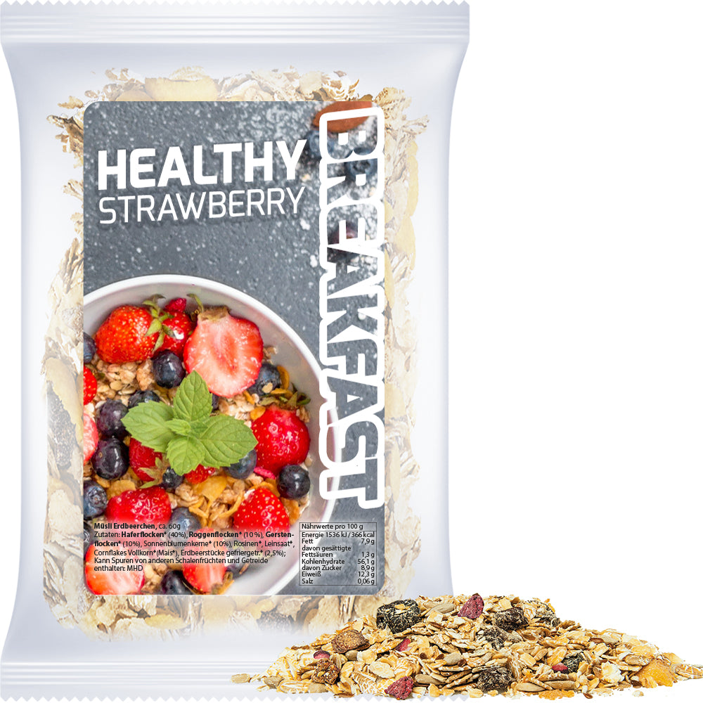 Bio Fruchtmüsli in der Maxi Tüte mit Etikett – Bio Müsli Erdbeerchen, ca. 50 g