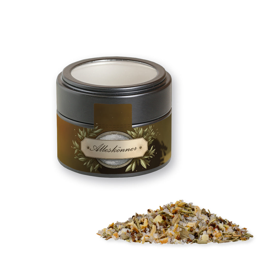 Bio Gewürzmischungen in der schwarzen Metalldose Mini – Bio Gewürzmischung Alleskönner, ca. 60 g