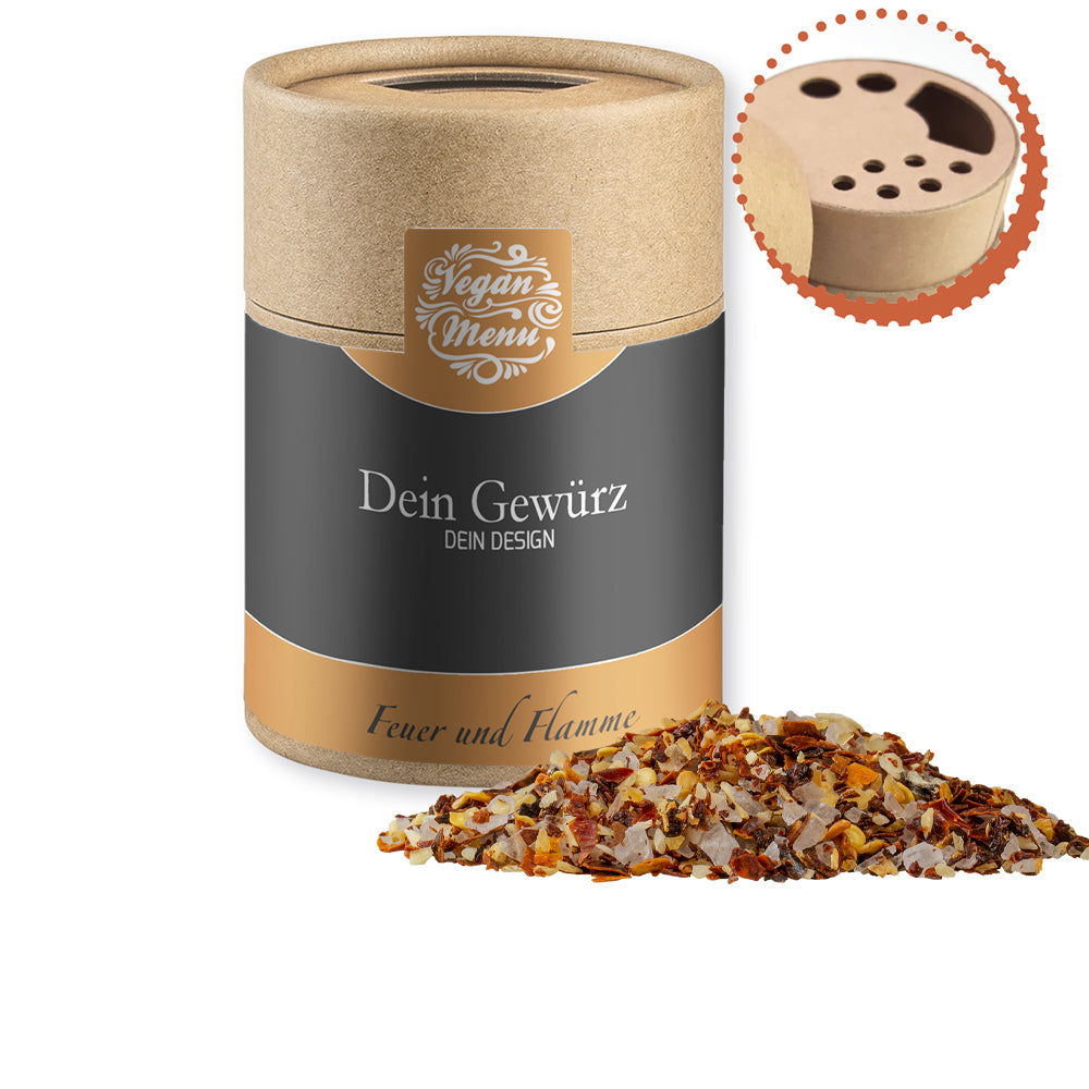Bio Gewürzstreuer Midi mit Logo – Bio Gewürzmischung Feuer und Flamme, ca. 75 g